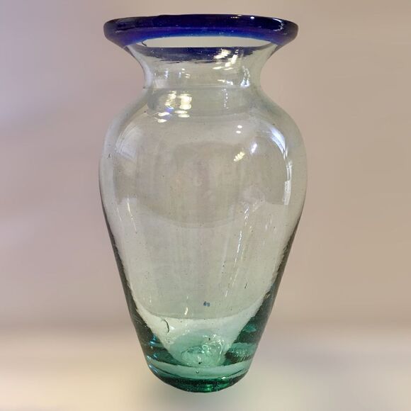 Green Tint Cobalt Blue Rim Bubbled Blown Art Glass Bud Vase - Picture 3 of 16